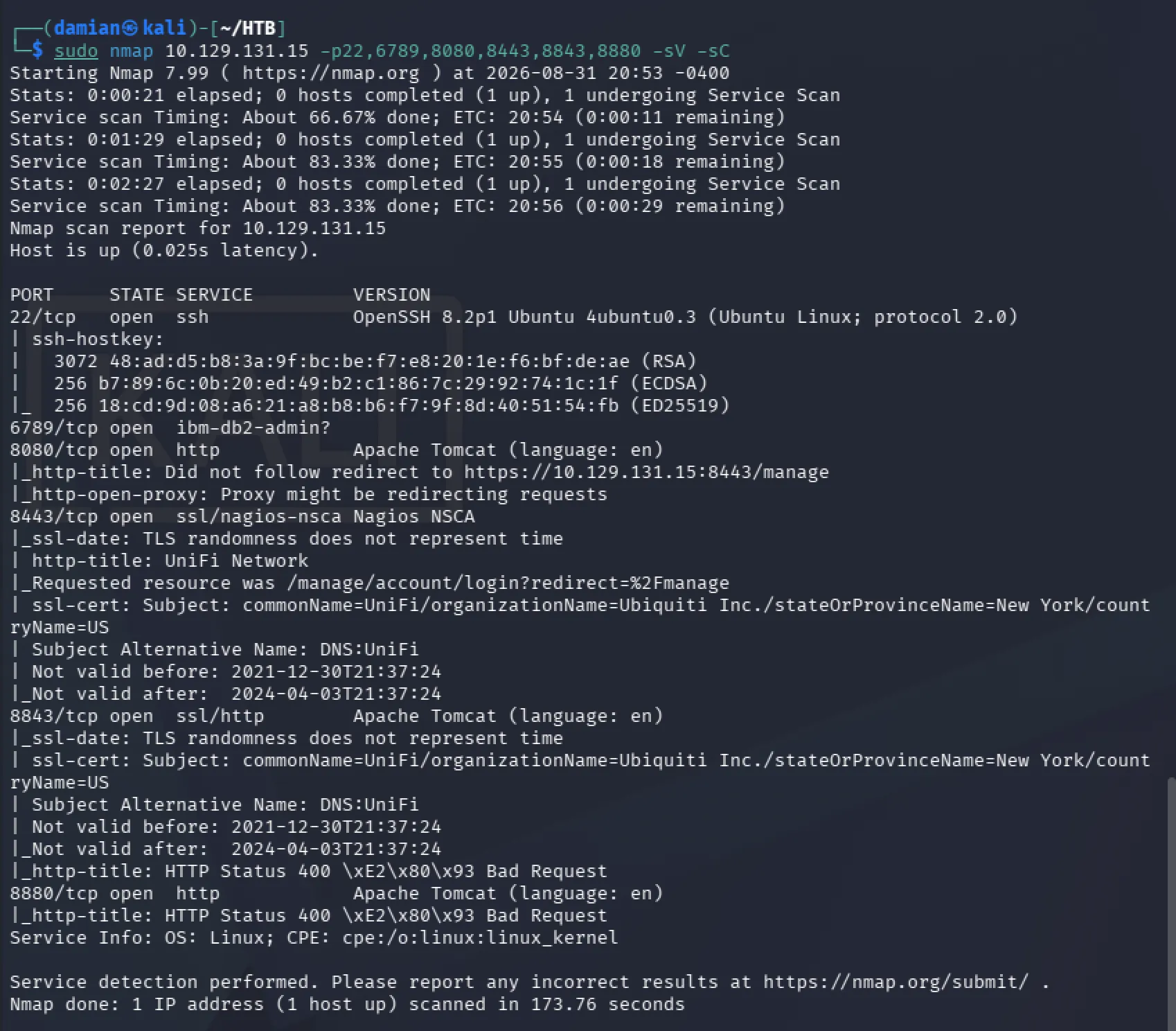Nmap full TCP scan showing six open ports on the Hack The Box Unified target