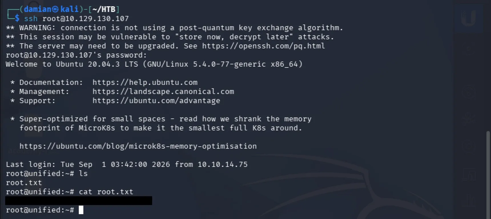 Terminal output showing the final root flag after SSH access