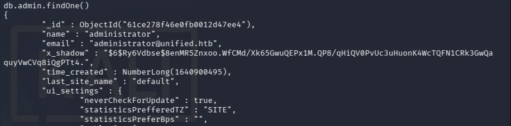 MongoDB query output exposing the UniFi administrator record and password hash