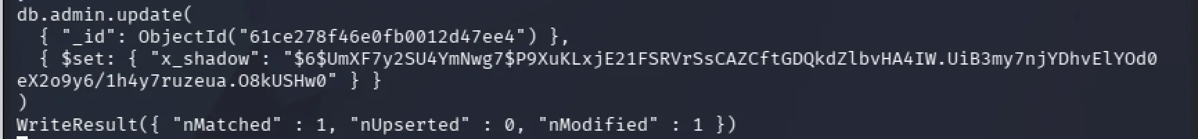 MongoDB update command replacing the UniFi administrator x_shadow password hash