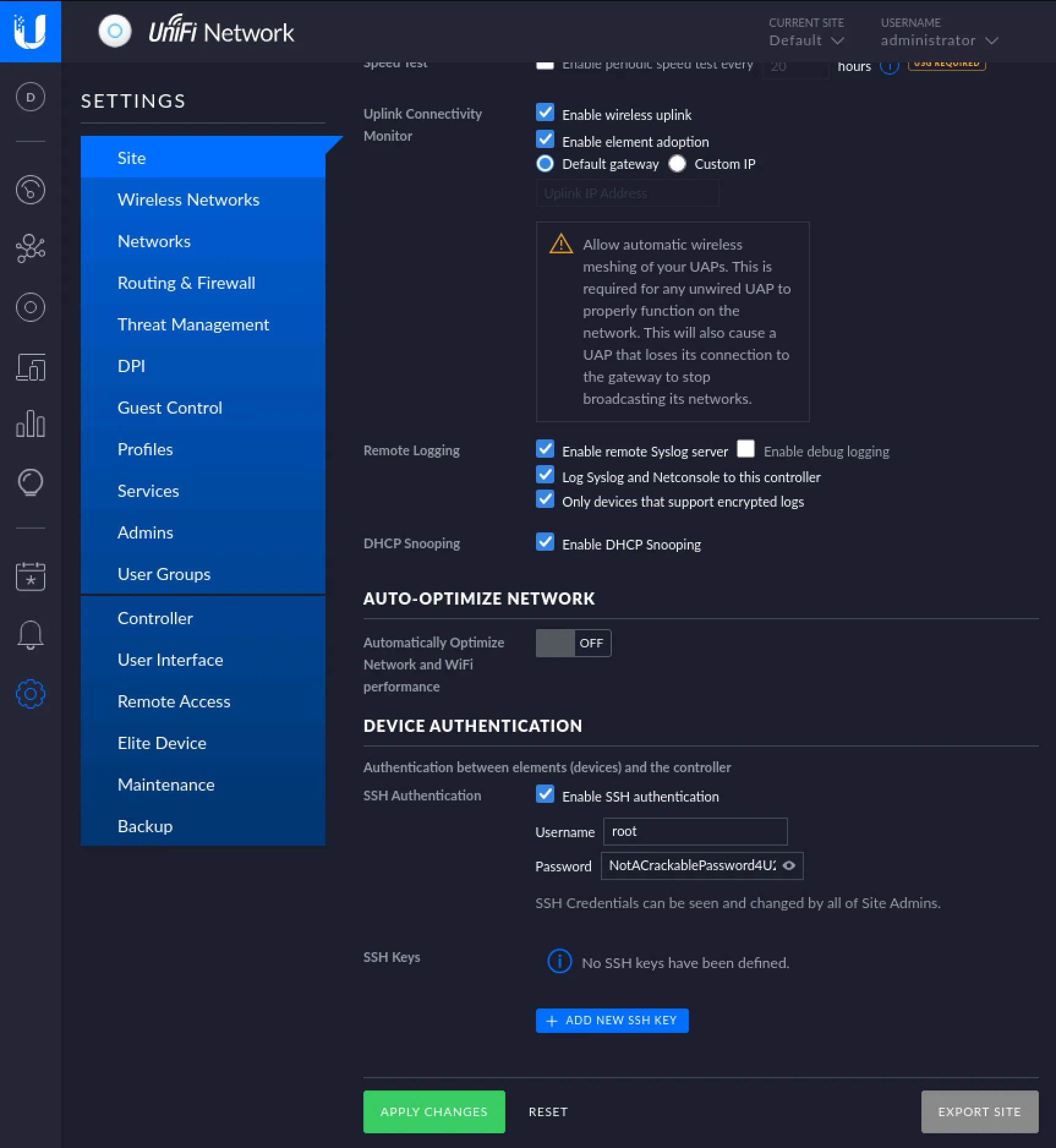 UniFi dashboard accessible after resetting the administrator password