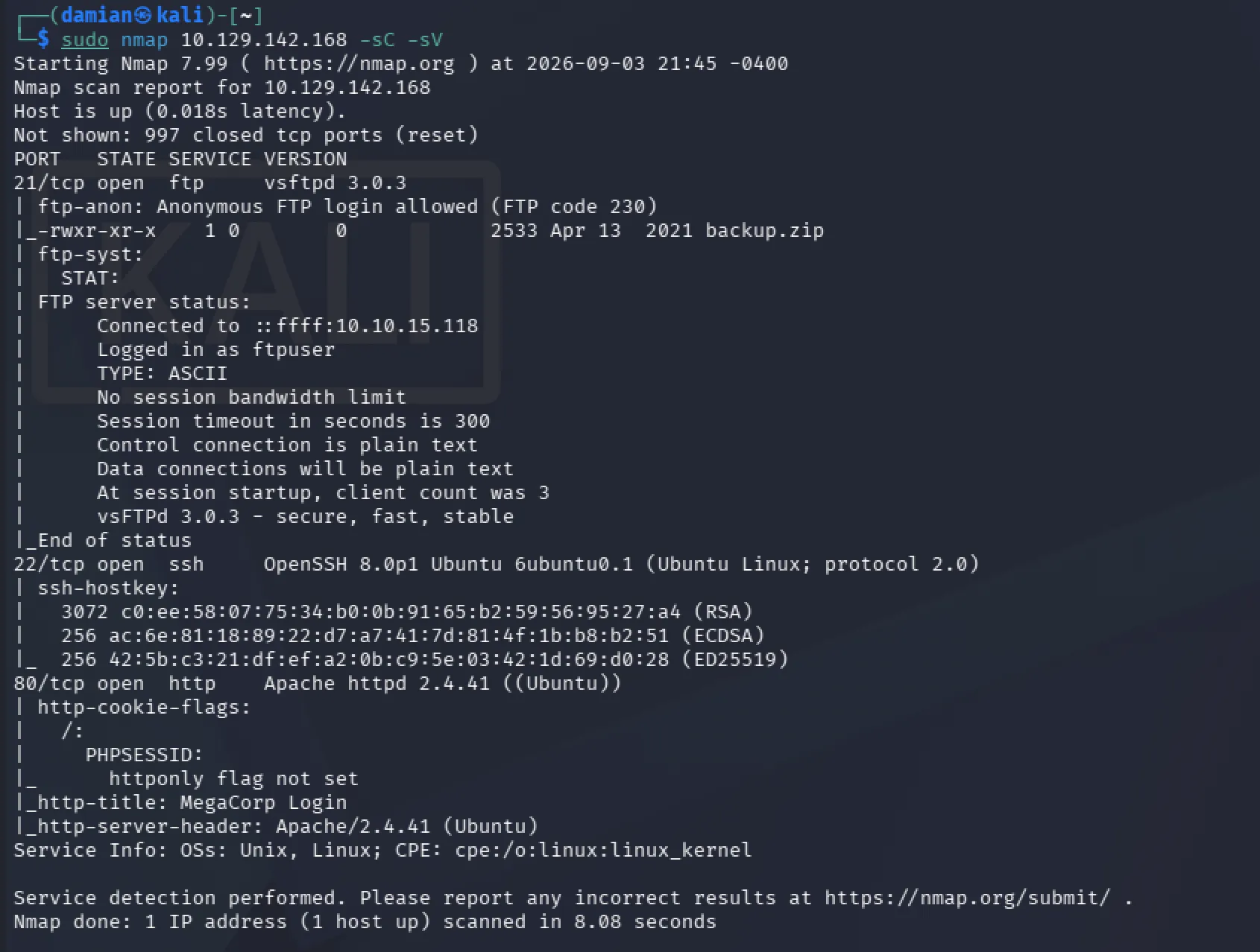 Nmap scan showing FTP, SSH, and HTTP services on the Vaccine target