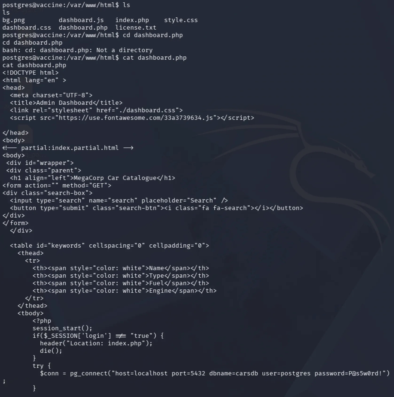 dashboard.php source exposing the PostgreSQL database credentials