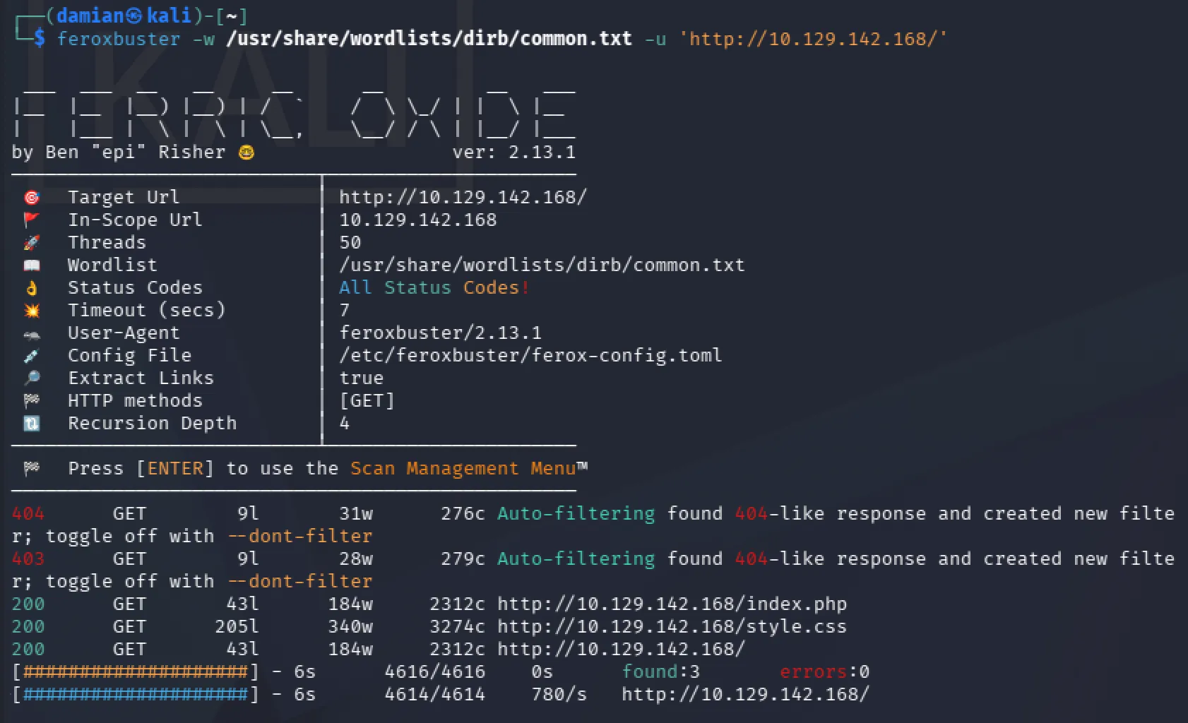 Feroxbuster directory enumeration results for the MegaCorp website
