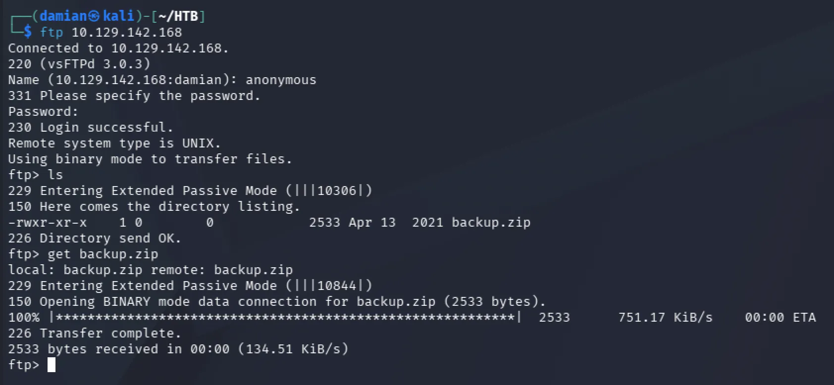 Anonymous FTP session listing and downloading backup.zip