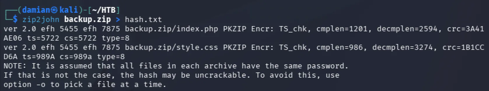 zip2john output extracting the encrypted ZIP archive hash