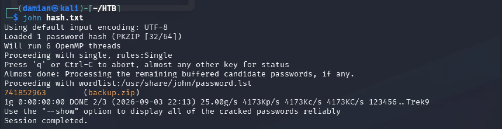 John the Ripper recovering the backup.zip password