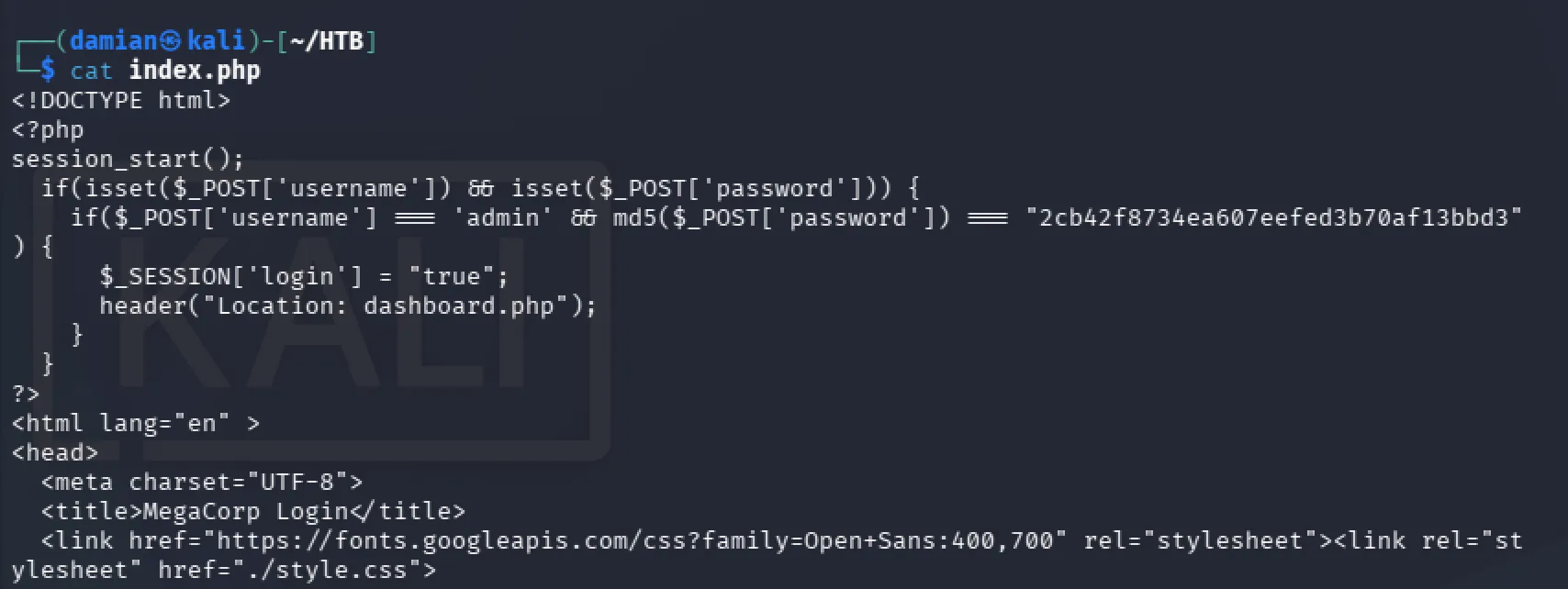 index.php source revealing the admin username and MD5 password hash