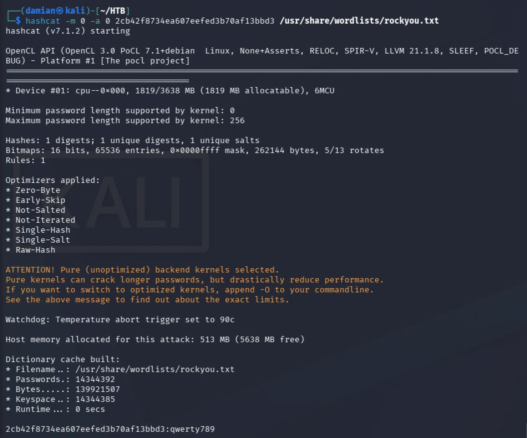 Hashcat recovering the web application password from its MD5 hash