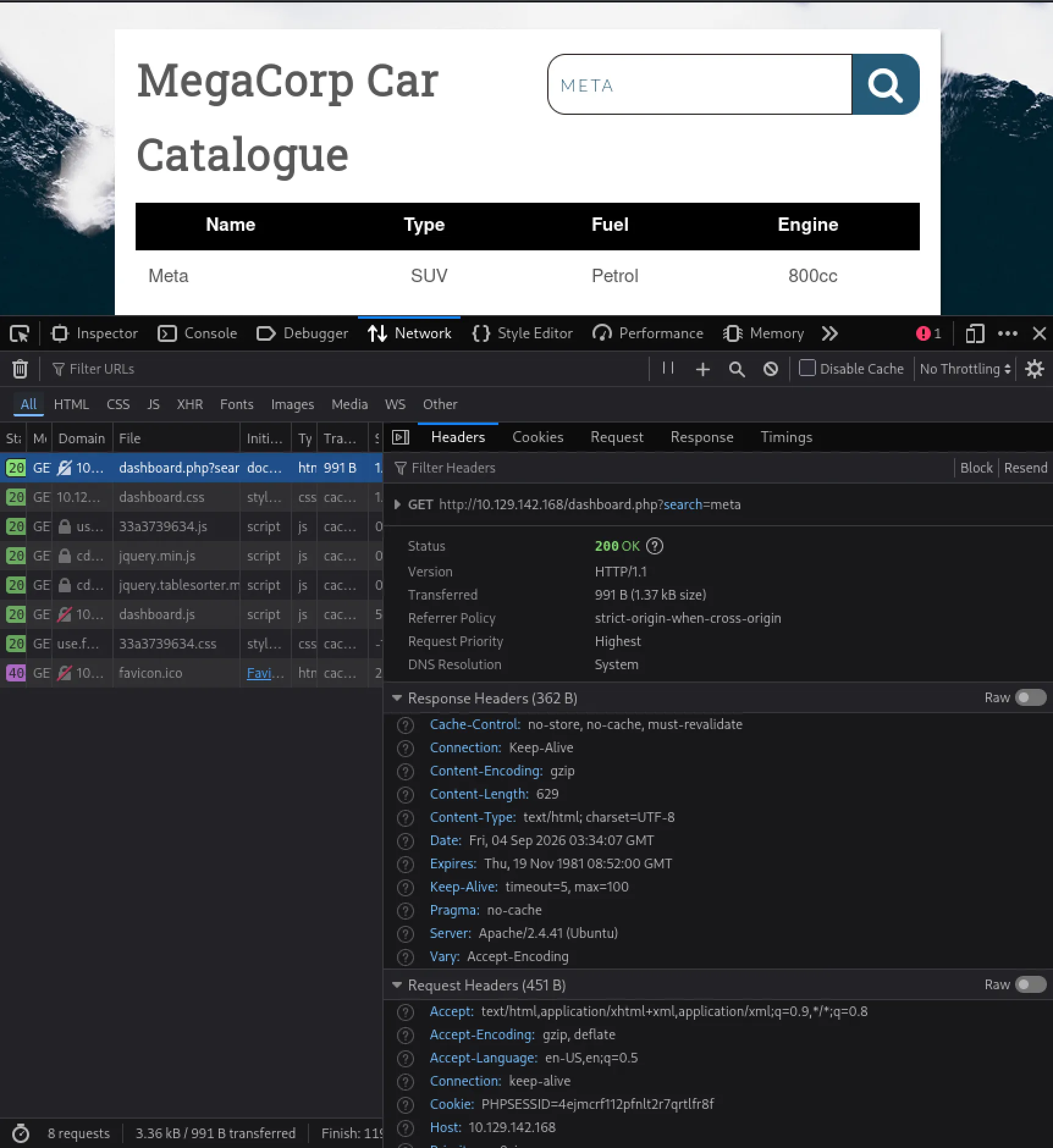 MegaCorp product catalog and authenticated search request